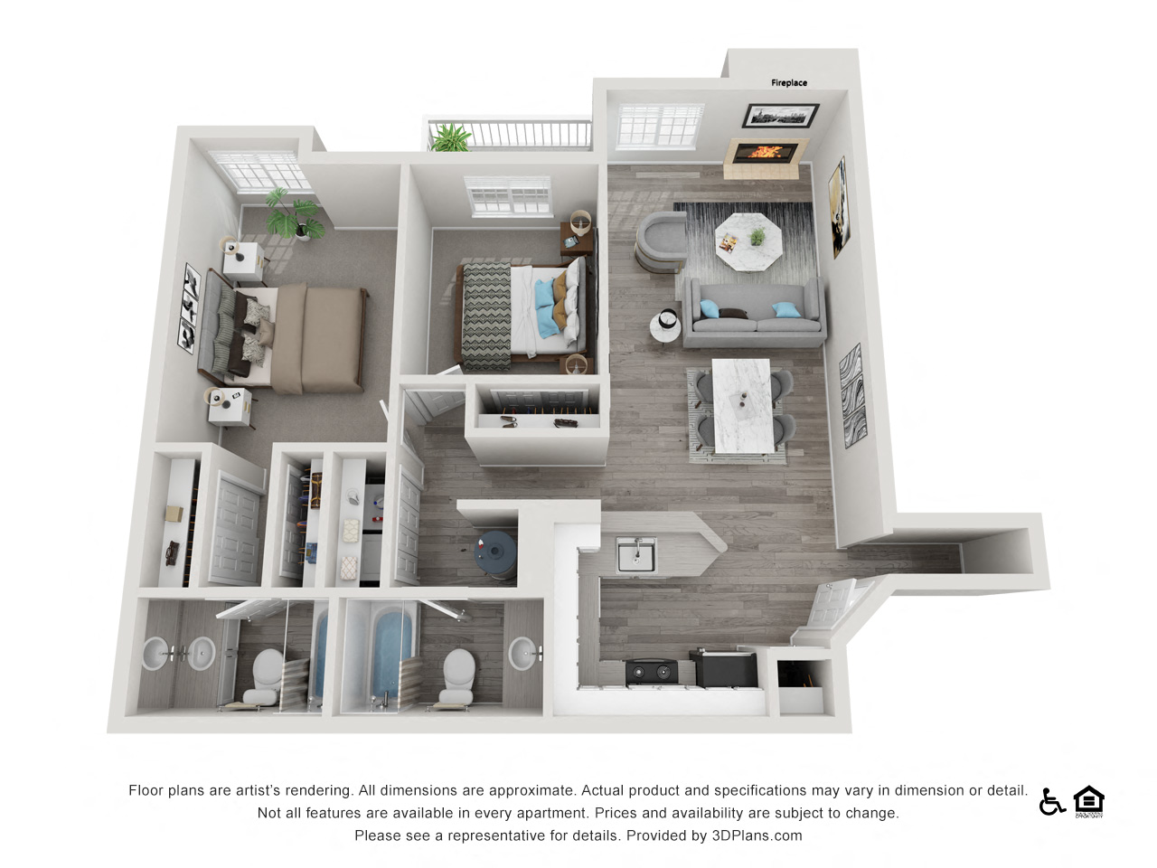 Floor plan for 2 beds, 2 baths, 1044 sqft